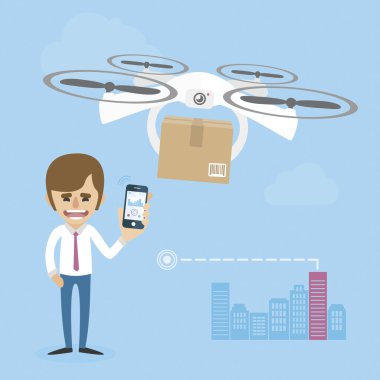 Businessman is flaying a drone. Send a package concept