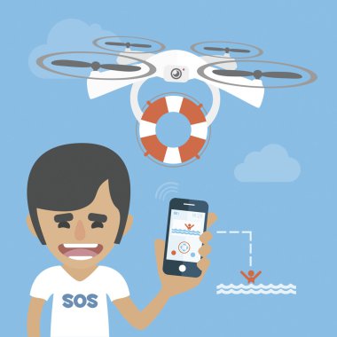 Life guard is flying a drone with the lifebuoy. Help concept