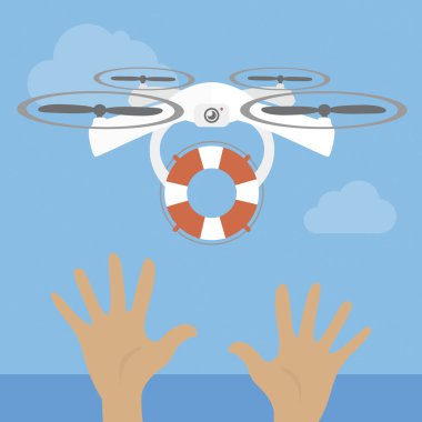 Drone with Lifebuoy saving drowning hand in sea