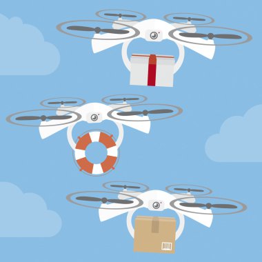 Drones flying through the sky. Gift, lifebuoy and box