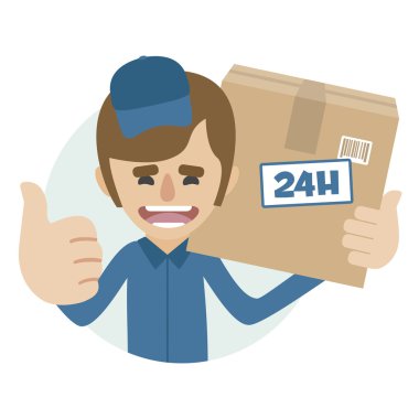 Deliveryman carrying a parcel box, giving thumbs up. 24H concept