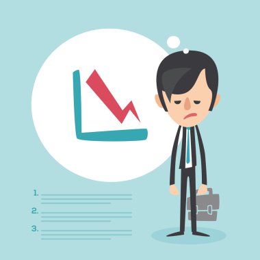 Businessman frustrated with decrease arrow chart. Economic crisis concept. Vector illustration
