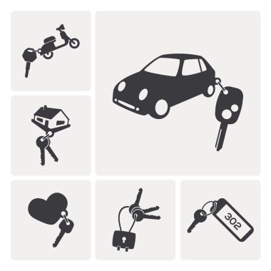 different keys set icons. rent a car, rent a a motorbike, hotel key, padlock key...