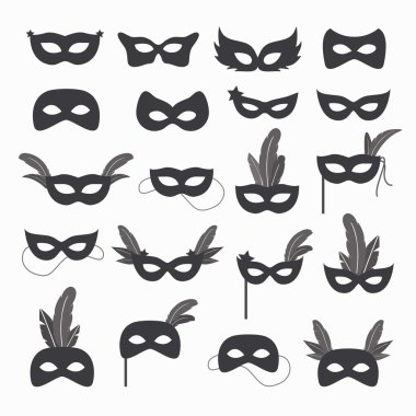 Set of isolated carnival masks, black and white clipart