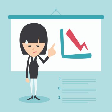Businesswoman frustrated with decrease arrow chart. Economic crisis concept. Vector illustration