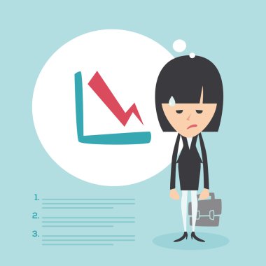 Businesswoman frustrated with decrease arrow chart. Economic crisis concept. Vector illustration