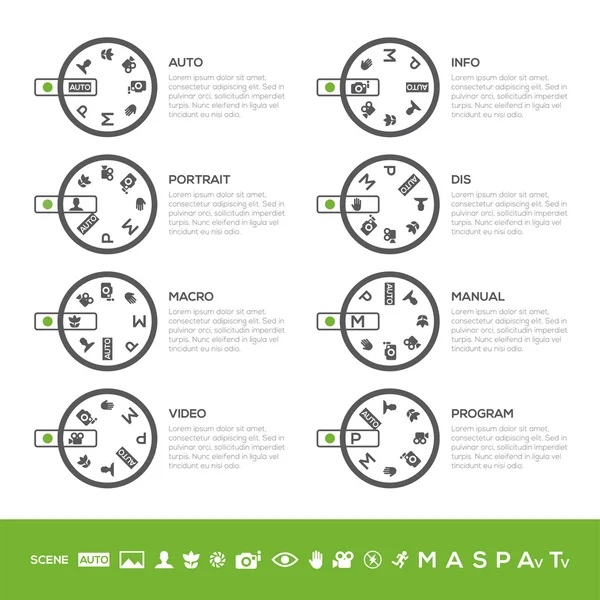Info Camera mode dial Set: Auto mode, Program mode, Manual mode, Portrait mode, Sports mode, Landscape mode, Macro mode... in vector. White background.
