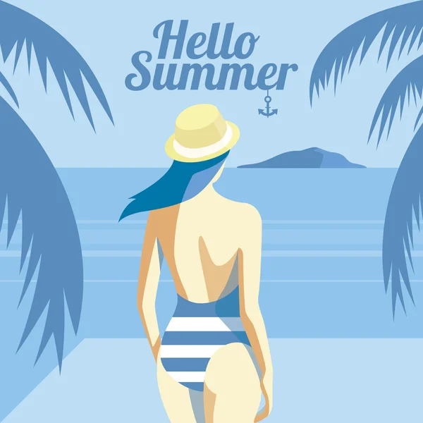 Cartel retro con una chica en la playa con fondo de isla y palmeras. Concepto de vacaciones - ilustración vectorial — Vector de stock