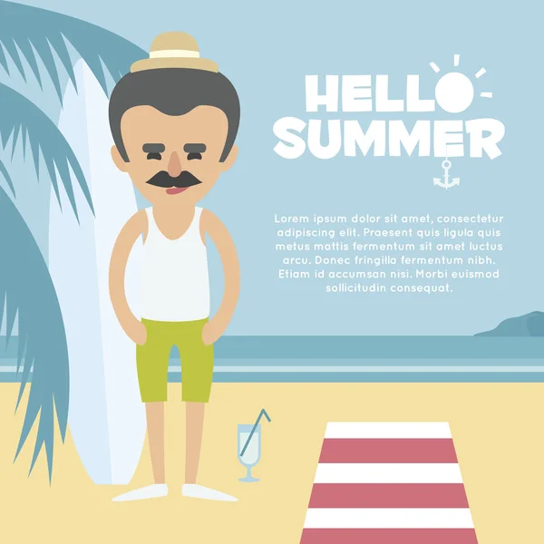 Vacaciones de verano. Hombre con bigote y sombrero relajante en la playa con cóctel. Concepto de vacaciones - ilustración vectorial — Vector de stock