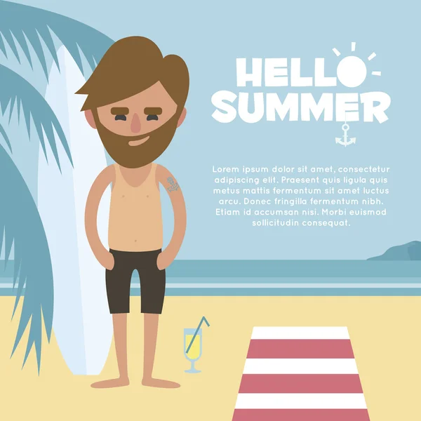 Летние каникулы. Человек с бородой и рыжей кожей расслабляется на пляже с коктейлем. Концепция праздника - векторная иллюстрация — стоковый вектор