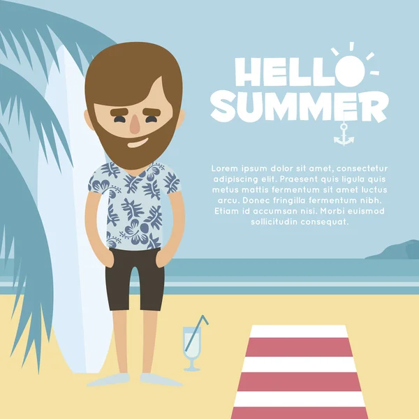 Vacaciones de verano. Hombre con barba y camisa hawaiana relajándose en la playa con cóctel. Concepto de vacaciones - ilustración vectorial — Vector de stock