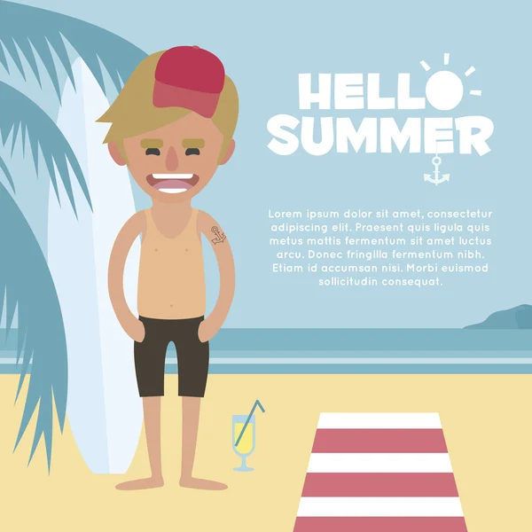 Vacaciones de verano. Hombre con gorra y piel roja relajándose en la playa con cóctel. Concepto de vacaciones - ilustración vectorial — Vector de stock