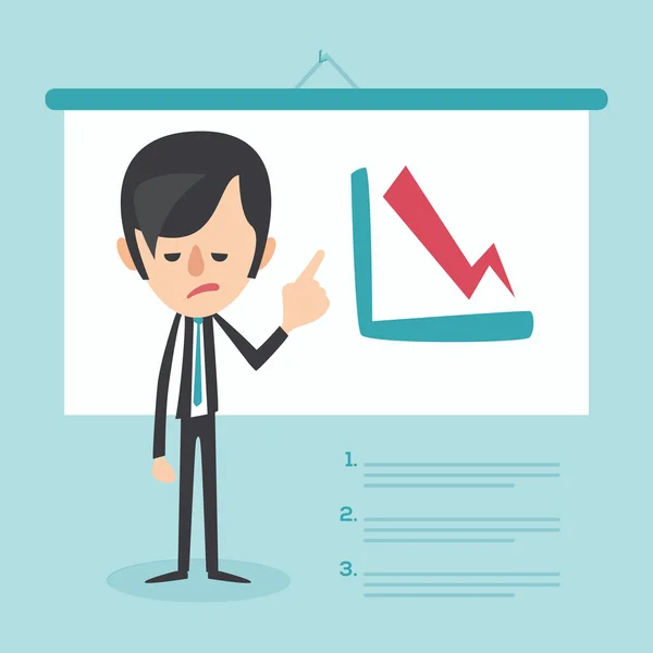Geschäftsmann frustriert über Rückgang Pfeildiagramm. Konzept der Wirtschaftskrise. Vektorillustration — Stockvektor