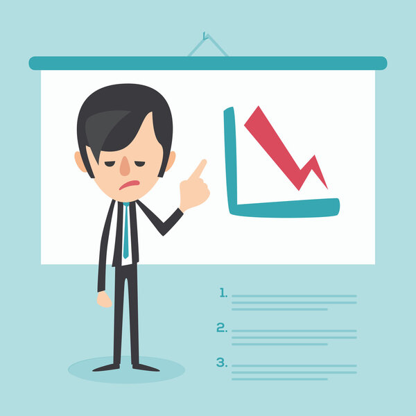 Businessman frustrated with decrease arrow chart. Economic crisis concept. Vector illustration