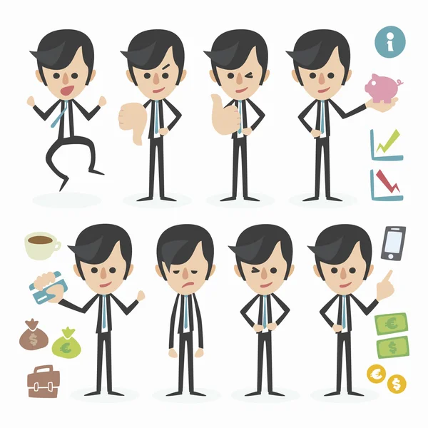 Hombre de negocios en diferentes acciones — Vector de stock