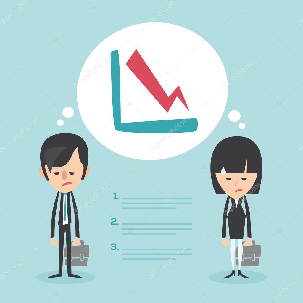 Businessman and businesswoman frustrated with decrease arrow chart. Economic crisis concept. Vector illustration