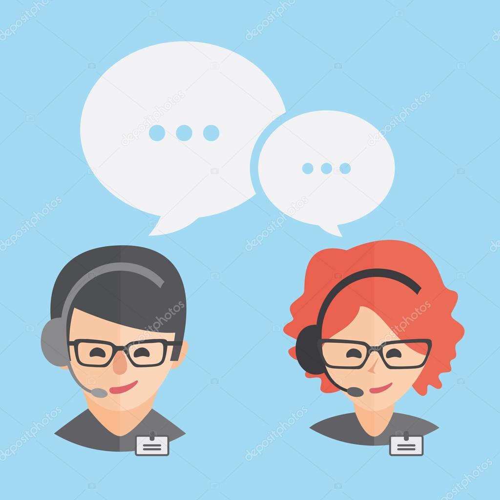 Call center operator with headset web icon design. Client services and communication, customer support, phone assistance, information, solutions. Brown man with glasses and redhead woman with glasses.