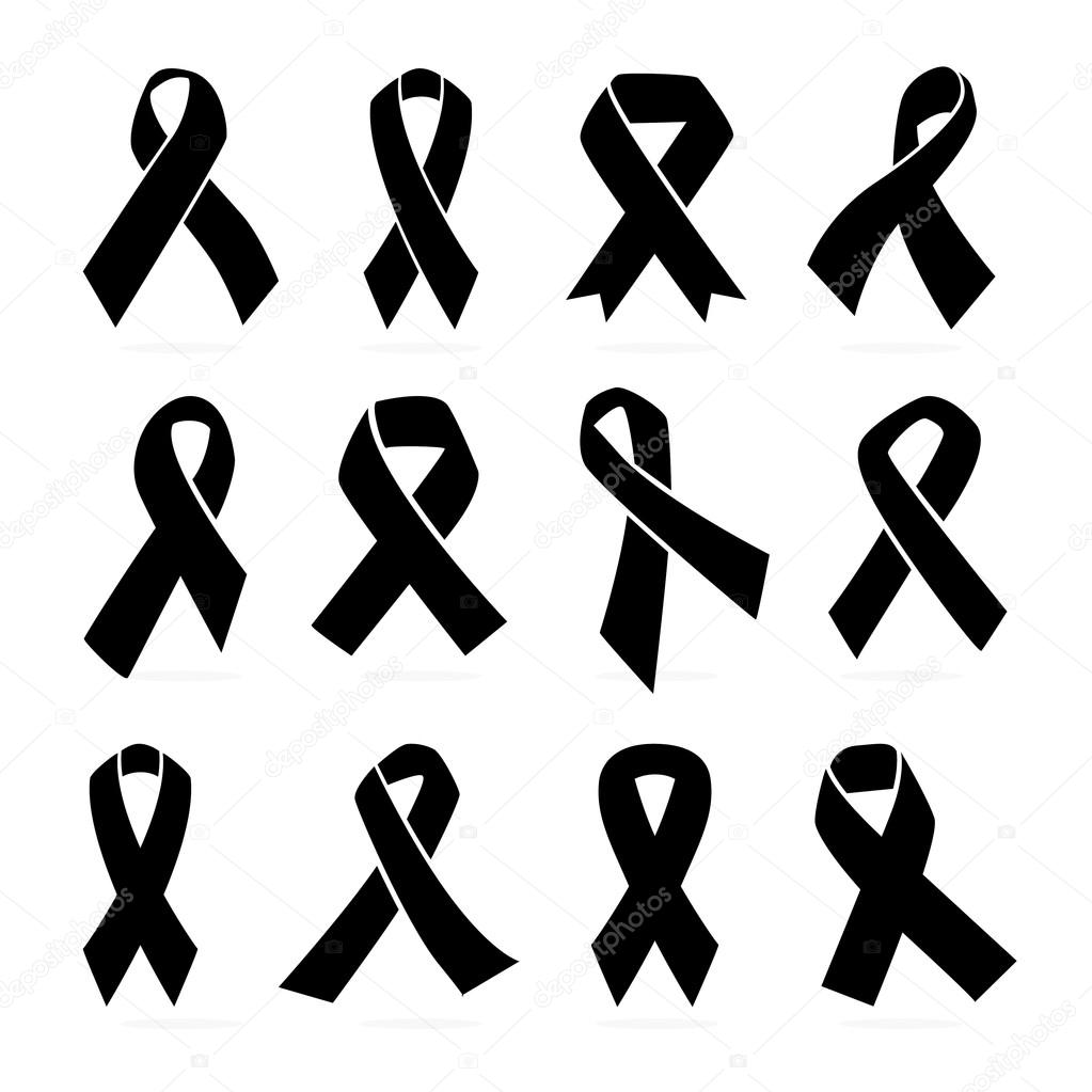 Set of Vector Black awareness ribbon on white background. Mourning support symbol.