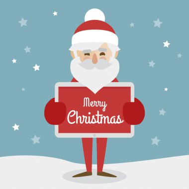 Hipster Santa Claus character illustration and christmas icons set. Merry Christmas holding tablet with merry christmas text.