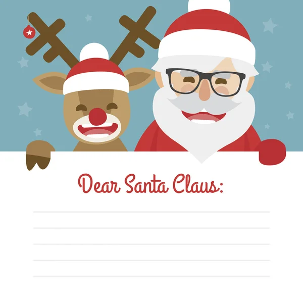 Carta feliz ilustración navideña de santa claus y reno nariz roja sobre fondo azul. Querido Papá Noel — Vector de stock