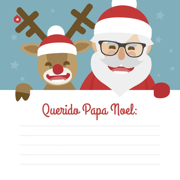 Carta Feliz Natal ilustração de Papai Noel e renas nariz vermelho no fundo azul. querido Papai Noel escrito em espanhol — Vetor de Stock