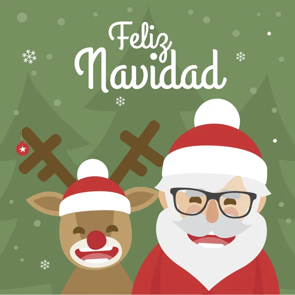 Vector navidad ilustración de santa claus y reno nariz roja sobre fondo verde. Feliz Navidad escrita en español. — Vector de stock