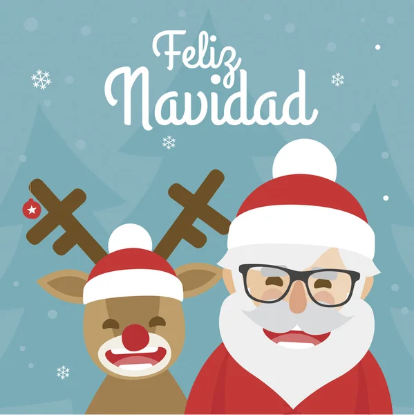 Vector navidad ilustración de santa claus y reno nariz roja sobre fondo azul. Feliz Navidad escrita en español. — Vector de stock