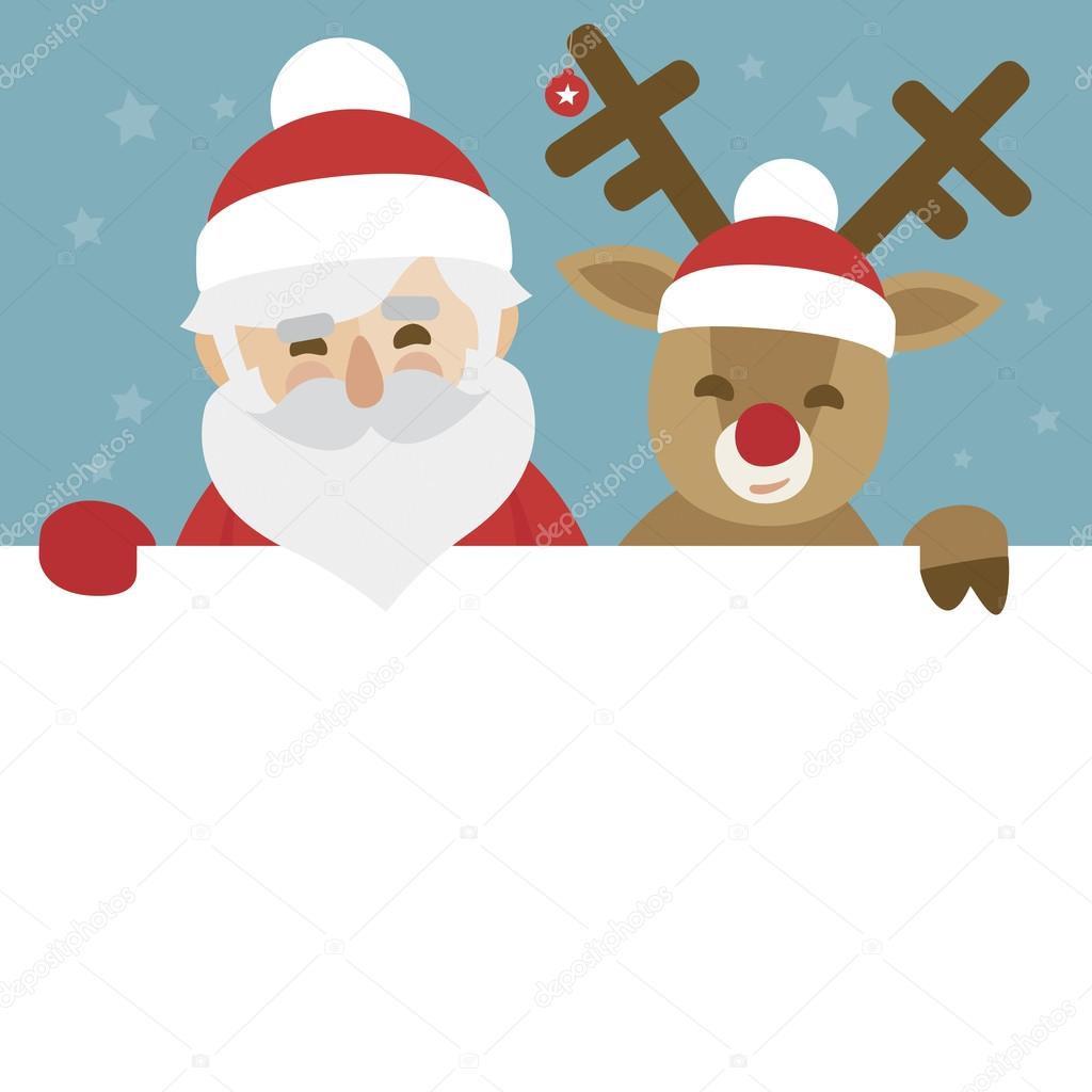 vector christmas illustration of santa claus and red nosed reindeer holding blank paper for your text