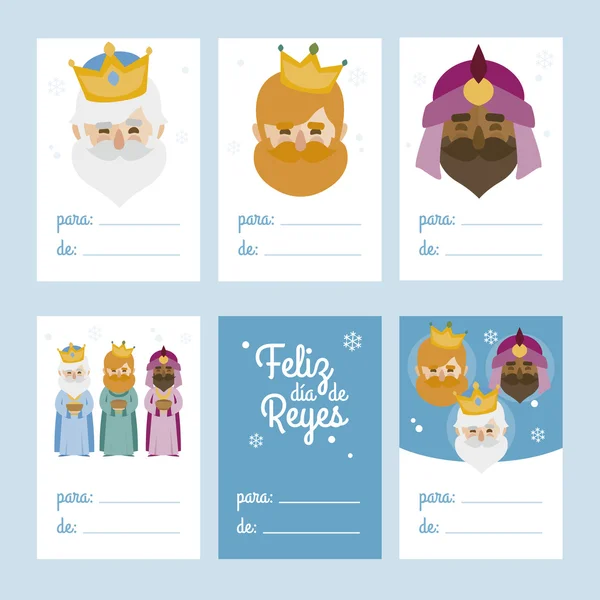 Collection de 6 modèles de cartes de Noël. Illustration vectorielle. Modèle pour saluer Réservation de ferraille, Félicitations, Invitations. Bleu. Happy Epiphany écrit en espagnol — Image vectorielle