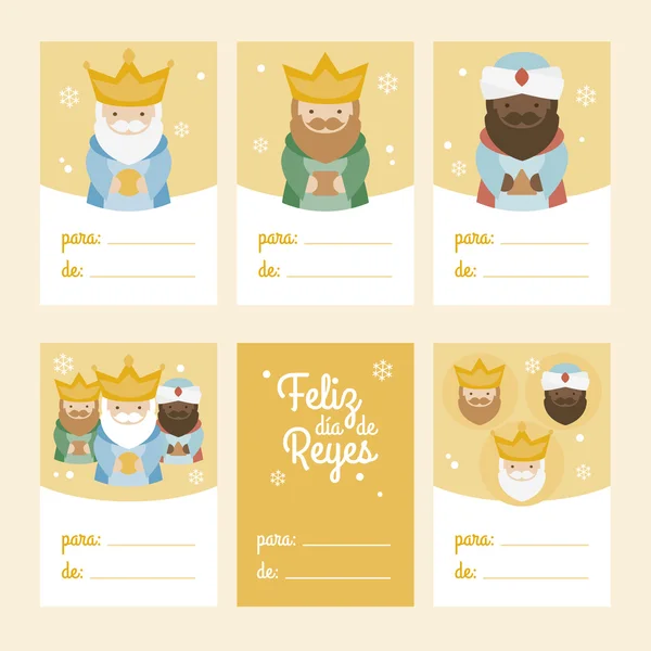 Collection of 6 Christmas card templates. Vector illustration. Template for Greeting Scrap booking, Congratulations, Invitations. Yellow. Happy Epiphany written in Spanish — Stock Vector