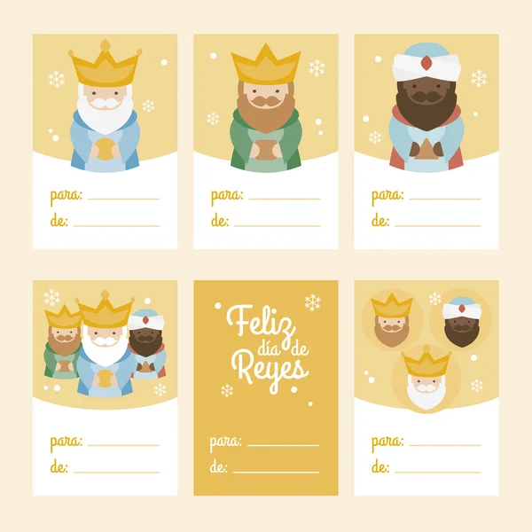 Colección de 6 plantillas de tarjetas navideñas. Ilustración vectorial. Plantilla para Saludos Reserva de chatarra, Felicitaciones, Invitaciones. Amarillo. Feliz Epifanía escrita en español — Vector de stock