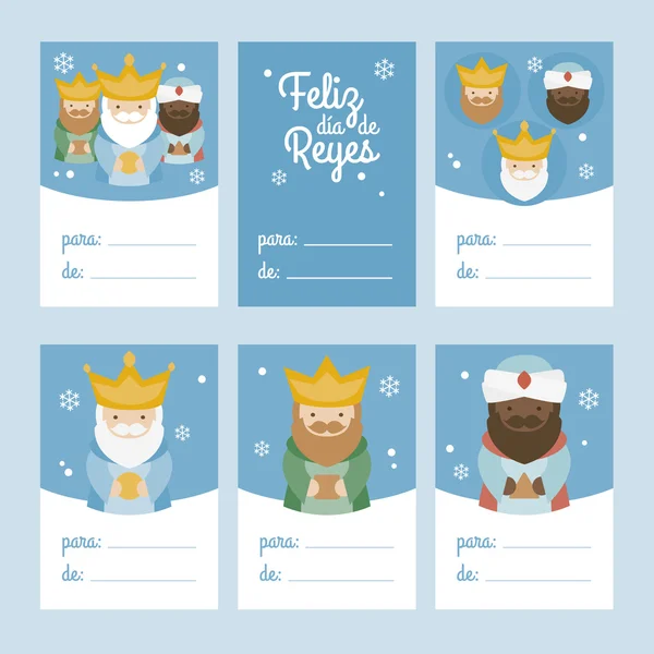 Collection de 6 modèles de cartes de Noël. Illustration vectorielle. Modèle pour saluer Réservation de ferraille, Félicitations, Invitations. Bleu. Happy Epiphany écrit en espagnol — Image vectorielle