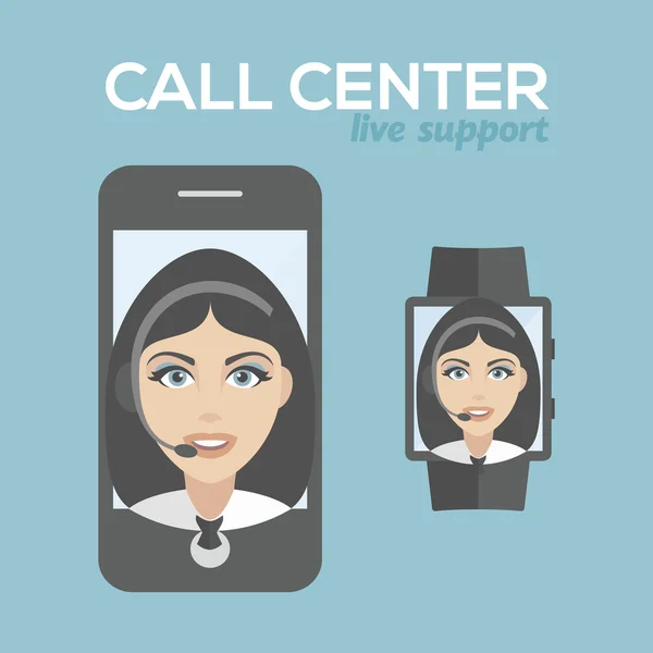 Call center mooie vrouw avatar set. Client diensten en communicatie, klantenondersteuning, telefonische bijstand, informatie, oplossingen. slimme telefoon en smart watch live ondersteuning — Stockvector