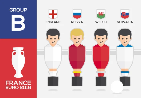 Spelers met een lijst van vlaggen van Europese landen in groep B van Euro 2016 voetbalkampioenschap in Frankrijk — Stockvector