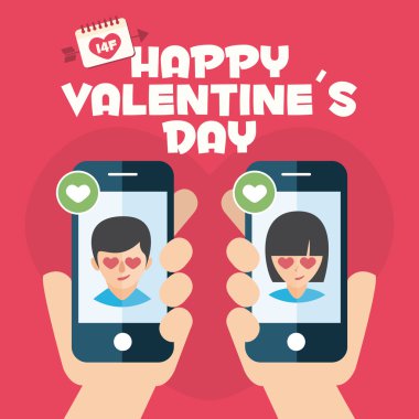 Mutlu Sevgililer günü kartı. Çift cep telefonlarına el