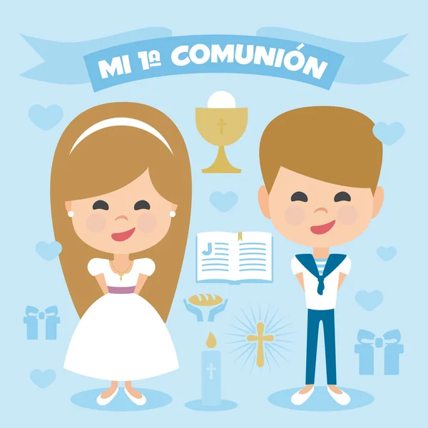 A pair of children, blonde boy and girl, making first communion. Vector Element Set on a blue background. Written in Spanish — Stock Vector