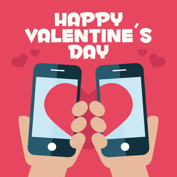 Happy Valentines Day. Smart phone couple on hand flat icon, vector illustration — Stock Vector