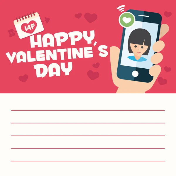 Happy Valentines day card letter. Hand with girlfriend mobile call — Stockvector