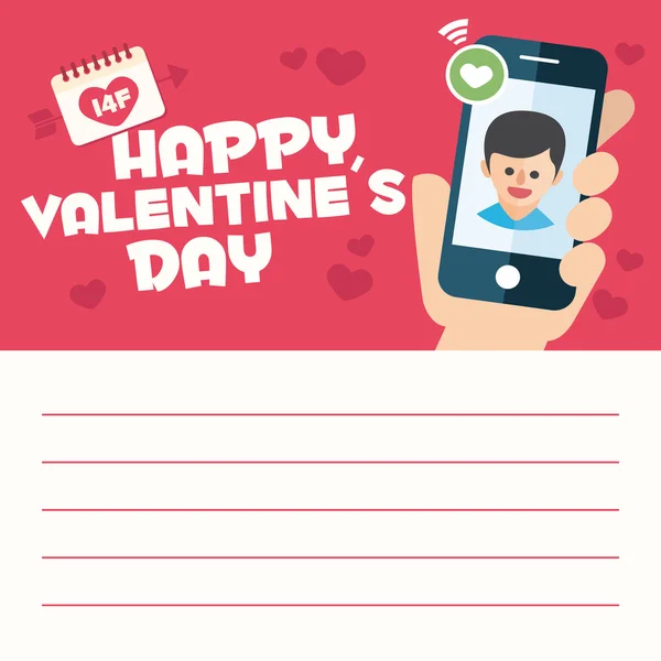 Happy Valentines day card letter. Hand with boyfriend mobile call — Stockvector