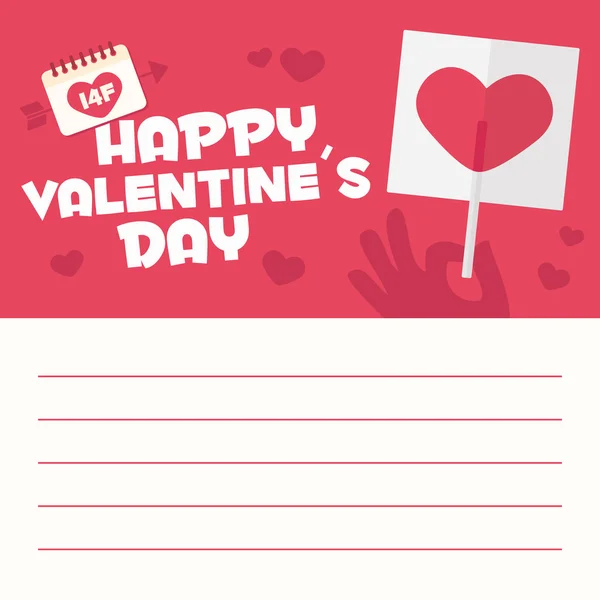 Happy Valentines day card letter. Hand with heart shaped lollipop — Stockvector