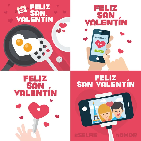 4 tarjetas felices del día de San Valentín con el huevo frito en forma de corazón, móvil envía el correo, llave del corazón, y selfie del palillo — Archivo Imágenes Vectoriales