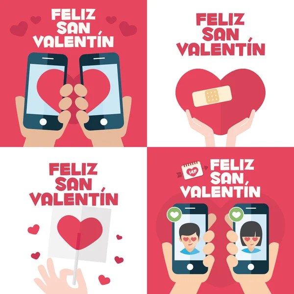 4 gelukkige Valentijnsdag kaarten met mobiele telefoons, hartjes, band steun en lolly — Stockvector