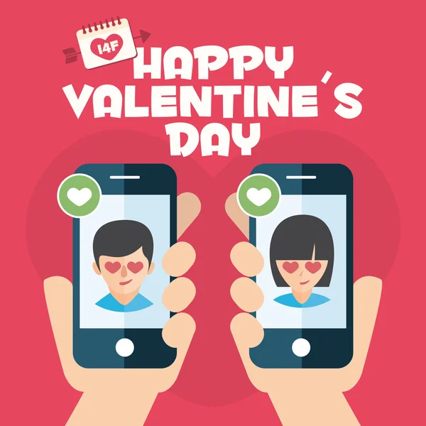 Joyeux Valentines carte de jour. Mains avec deux mobiles — Image vectorielle