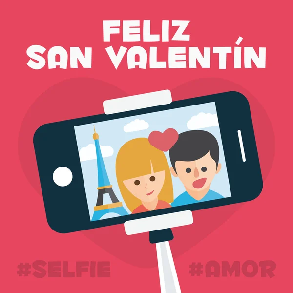 Feliz cartão de Dia dos Namorados. Um pau de selfie romântico em Paris. Viagem romântica. Monópode Selfie Self Portrait Tool — Vetor de Stock
