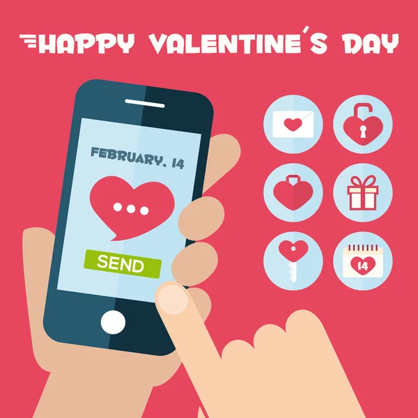 Definir conceito de aplicativo de telefone inteligente. Ícones de feriado do Dia dos Namorados. Design de ícones planos — Vetor de Stock