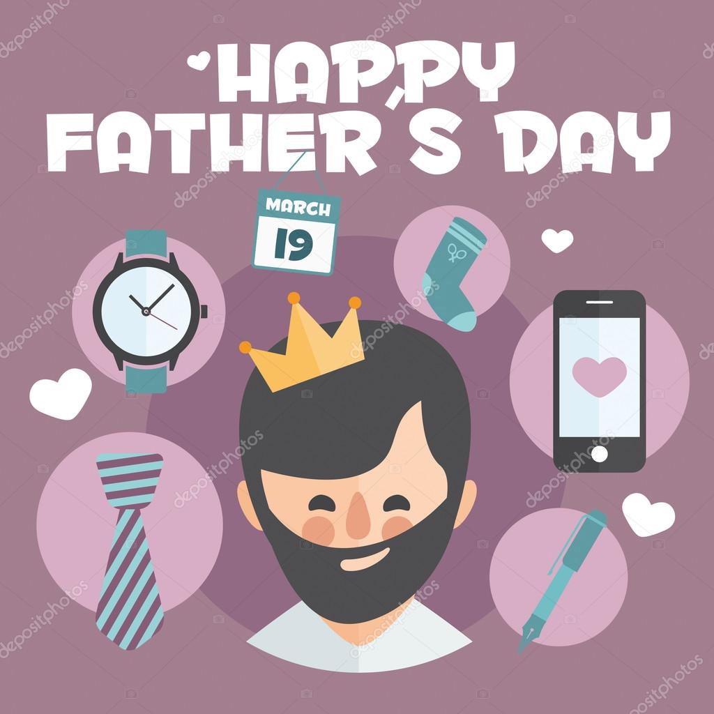 Happy Fathers day card. Vector Element Set. Dad with beard.