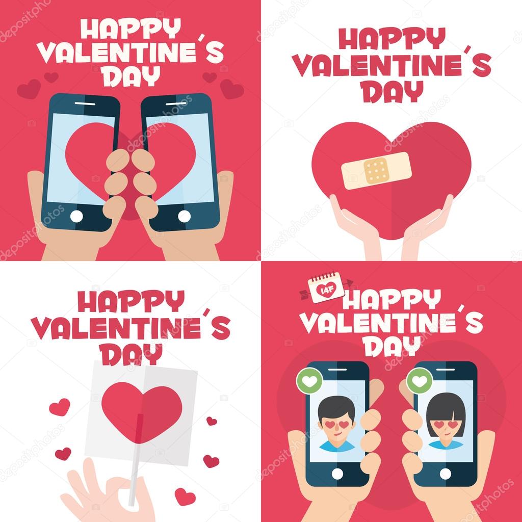 4 happy valentines day cards with mobiles, hearts, band aid, and lollipop