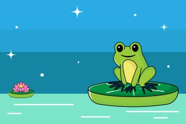 Suyun üzerinde nilüfer çiçeğinin üzerinde oturan sevimli kurbağa. Çocuk kitapları, çizgi filmler ya da doğa temalı tasarımlar için mükemmel.