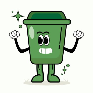 Komik yüz ifadeleri olan çizgi film yeşil çöp kutusu karakteri. Geri dönüşüm, atık yönetimi ve çevre kampanyaları için ideal