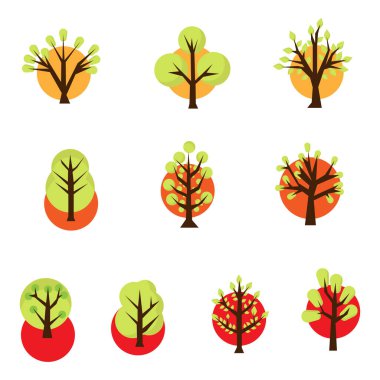 Farklı mevsimleri temsil eden renkli yapraklı basit ağaç elementlerinden oluşan bir vektör kümesi. Doğa tasarımları, ekolojik kavramlar ve eğitici çizimler için mükemmel.
